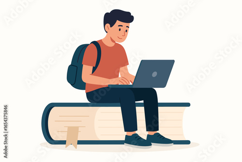 Male student with laptop sitting on giant book. E-learning, online education concept. Young person studying for university. Knowledge, school work, distance learning vector.