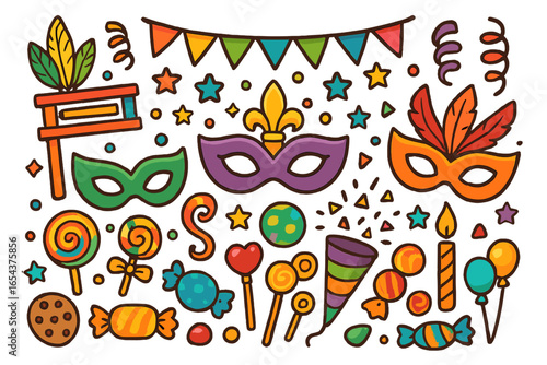 Mardi Gras carnival and Purim festival icon set. Party celebration elements. Vector cartoon illustration with mask, candy, grogger, lollipop, balloon, confetti for holiday design.