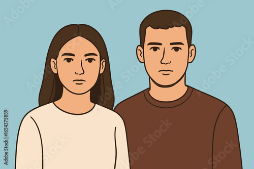 Serious couple portrait. Young man and woman with neutral, unhappy faces. Relationship problems or conflict concept. Simple flat design character vector illustration for psychology.