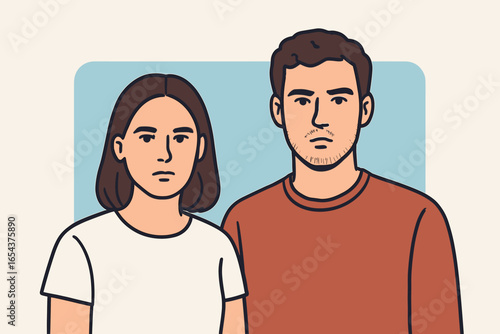 Young casual couple portrait with serious neutral facial expressions, looking into camera, flat vector design with blue background, modern minimal male and female side by side.