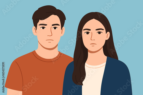Young casual couple portrait illustration. Man and woman with serious, normal facial expression looking at camera. Concept for relationship problems, disagreement or conflict.
