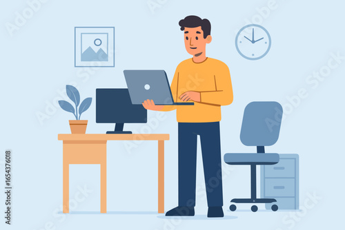 Man working on laptop in office. IT worker, programmer or developer concept. Businessman standing with computer at modern workspace. Flat design vector illustration character.