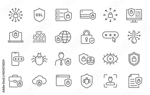 Security web icons in line style. Guard, cyber security, password, smart home, safety, data protection, key, shield, lock, unlock, eye access. Vector illustration.