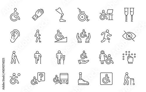 Disability web icons in line style. Wheelchair, disabled people, blind, disabled, assistance, deafness, collection. Vector illustration.