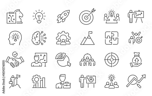 Business Strategy web icons in line style. Strategy, startup, teamwork, people, plan, payment, management, target, employee, infographic. Icon collection. Vector illustration.