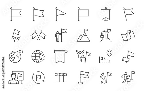 Flag web icons in line style. Winner, location, pin, collection. Vector illustration.