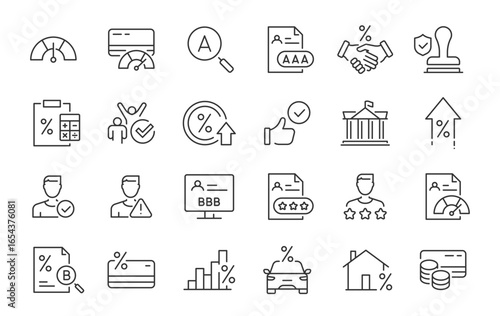 Credit Rating and score web icons in line style. Financial scoring, mortgage, money, guarantors, auditor, collection. Vector illustration.