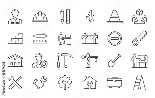 Labor web icons in line style. Labor day, construction, worker, gear, job, collection. Vector illustration.