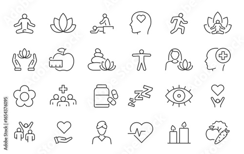Wellness web icon set in line style. Relaxation, spa, sleep, yoga, health, lifestyle, spiritual practice, meditation, collection. Vector illustration.