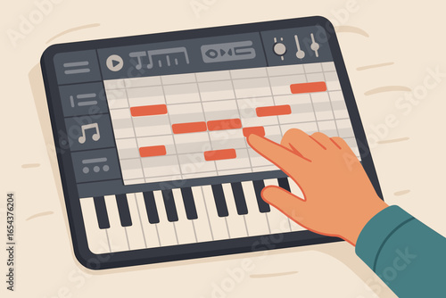 Music production on tablet. Hand composing on midi sequencer piano roll. Digital audio workstation app. Making a beat. Creating melody. Musician workflow. Sound design process.