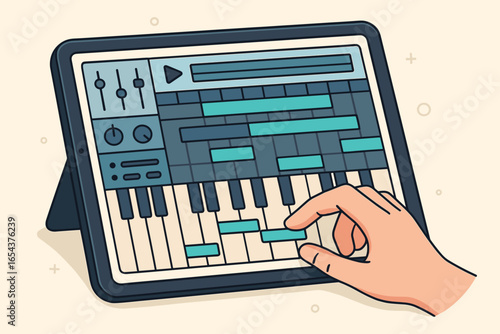 Music production on tablet. Hand composing on a digital audio workstation. Creating a beat on a DAW sequencer app with a piano roll. Modern vector concept for music making.