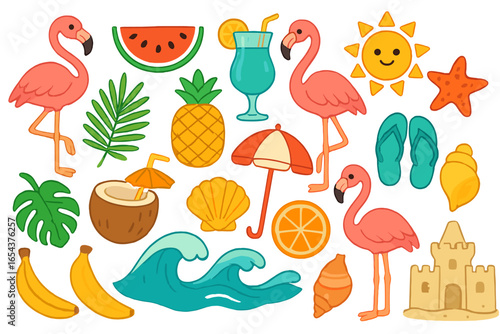 Summer beach icon set. Cute cartoon collection with flamingo, tropical fruit, sun, and sea elements. Vector illustration for vacation, travel, and holiday concepts. Playful design.