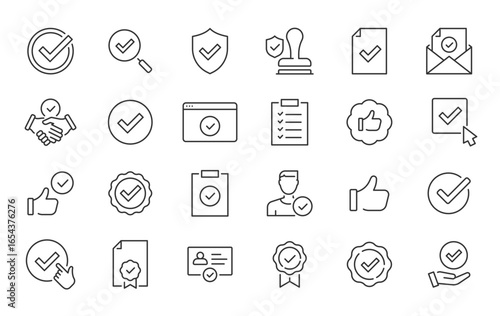 Approval web icons in line style. Thumpb up, check mark, approve, agreement, validation, confirmation, collection. Vector illustration.