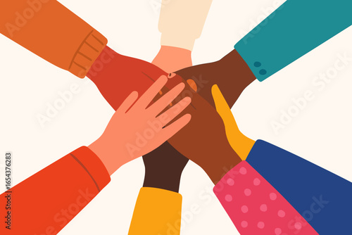 Hands of diverse people together in unity. Teamwork and collaboration concept. Community, partnership, and support. Multicultural friendship. Flat design vector illustration.