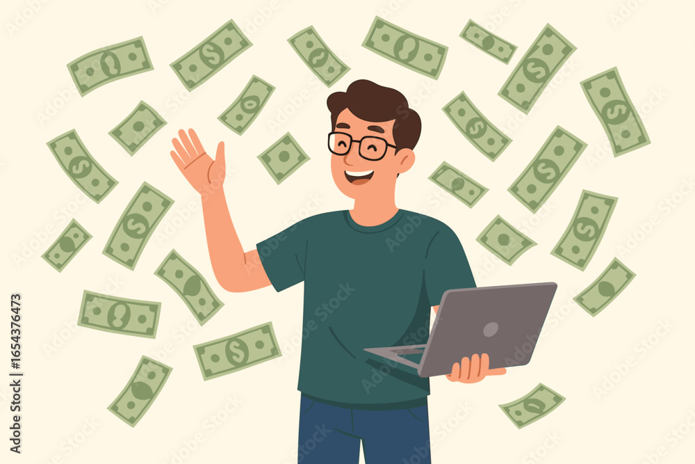 Man with laptop making money online. Successful developer or entrepreneur concept. Happy character with glasses under falling dollars. Salary, profit, passive income vector. Man with laptop making money online. Successful developer or entrepreneur concept. Happy character with glasses under falling dollars. Salary, profit, passive income vector.