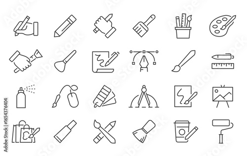 Brushes and Painting web icons in line style. Brush, color palette, bucket, can, collection. Vector illustration.