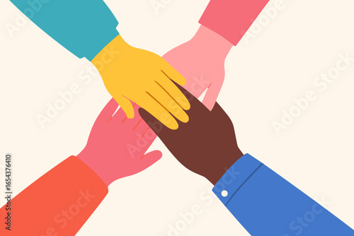 Diverse people putting hands together. Concept of unity, teamwork, and community. Multinational team collaboration. Friendship and support. Racial equality and integration.