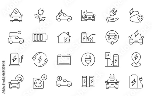 Electro Car web icons in line style. Logistic, electrical, charger, charging station, battery, eco transport ,collection. Vector illustration.