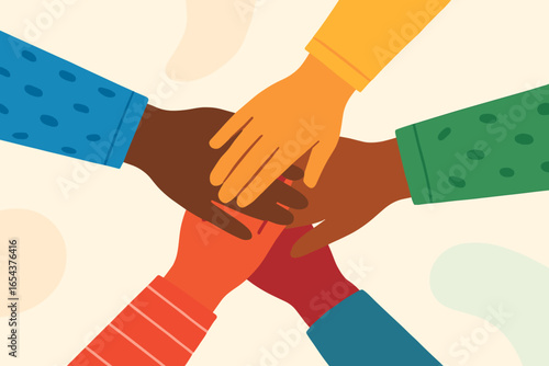 Team of diverse people putting their hands together. Concept of unity, teamwork, and cooperation. Multiracial group showing support and community. Racial equality and partnership.