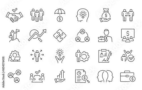 Business Cooperation web icons in line style. Meeting, partnership, business people, audience, briefing, plan, collection. Vector illustration.