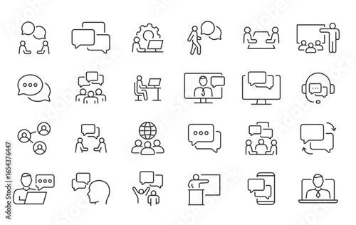 Business communication web icons in line style. Support, meeting, partnership, business people, audience, briefing, plan, collection. Vector illustration.