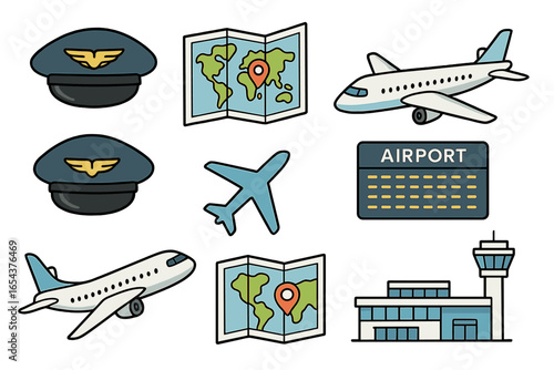Vector set of air travel icons. Cartoon aviation elements collection including pilot hat, airplane, map, airport terminal, and departure board. Flight and vacation concept.