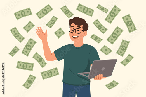 Man with laptop making money online. Successful developer or entrepreneur concept. Happy character with glasses under falling dollars. Salary, profit, passive income vector.