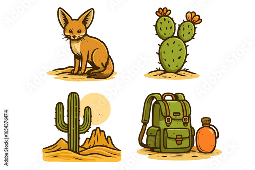 Desert adventure icon set. Cartoon vector collection with fennec fox, saguaro and prickly pear cactus, hiking backpack and canteen. Wildlife, nature and travel elements.