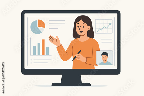 Webinar and online course vector illustration. Female teacher giving a remote business presentation with data charts and graphs. E-learning, video conference, online education.