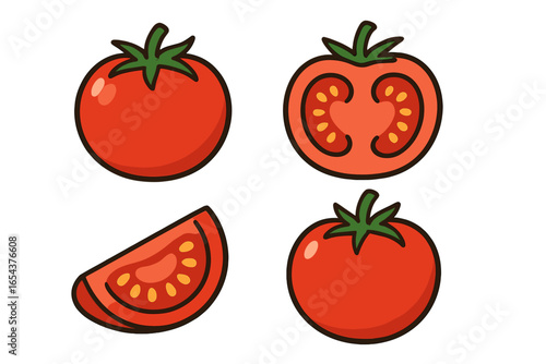 Fresh red tomato vector icon set. Cartoon illustration of whole, half cross-section, and sliced tomatoes. Isolated vegetable for healthy organic food, diet, and cooking.