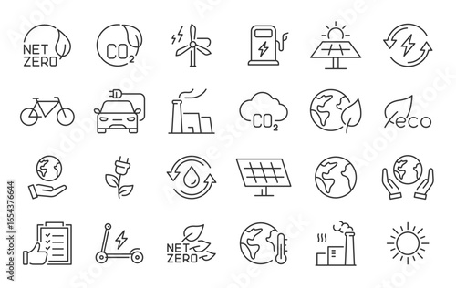 Net Zero web icons in line style. Green energy, CO2 neutral, gas emissions, climate, ecology, collection. Vector illustration.