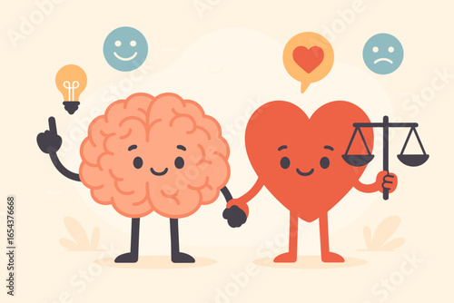 Emotional intelligence concept. Brain and heart characters balancing feelings with logical thinking. Metaphor for empathy, self control, psychology and mental health harmony.