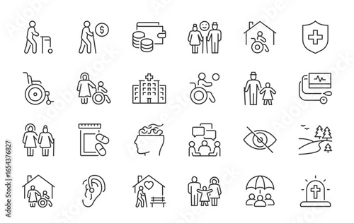 WebElderly web icons in line style editable stroke. Care, pension, senior, grandparents, wheelchair, doctor, alzheimer, caregiver, retirement, collection. Vector illustration.
