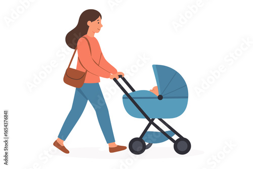 Young mother walking with her newborn baby in a stroller. Woman with child in pram. Concept of motherhood, parenthood, and maternity leave. Flat vector cartoon illustration isolated.