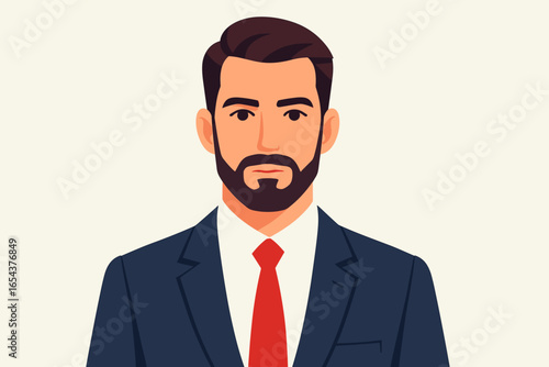 Portrait of a confident handsome bearded man in a suit. Businessman, office worker, or manager character avatar. Professional male face vector. Flat cartoon illustration.
