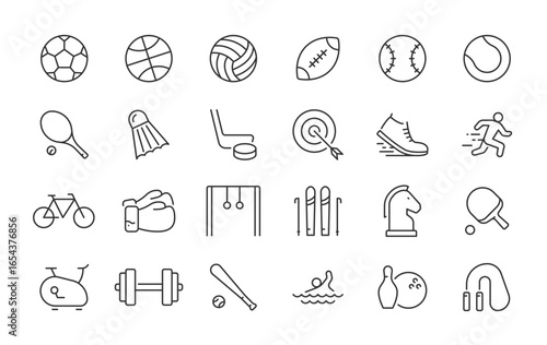 Sport web icons in line style. Football, golf, gym, basketball, volleyball, bowling, chess, skiing, boxing, tennis, collection. Vector illustration.