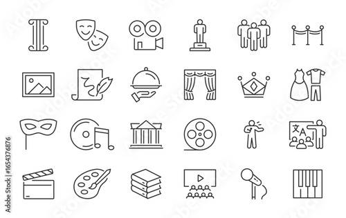 Culture web icons in line style. Creative, art, museums, literature, movie, architecture, theater, collection. Vector illustration.