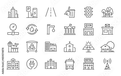 Infrastructure web icons in line style. Transport, road, mall, airport, police, school, park, water, collection. Vector illustration.