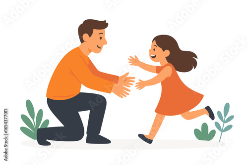 Happy daughter running to hug her kneeling father. Parent and child reunion outdoors concept. Kid runs into dad's open arms. Family love, greeting and affection vector cartoon.