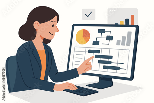 Project manager woman working with business management software. Female person at computer with schedule, planning and data analysis. Gantt chart, report and workflow diagram.
