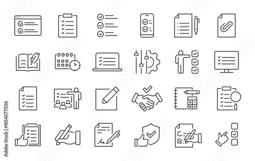 Task web icons in line style. Checklist, project, workflow, to do list, manager, plan, multitasking, collection. Vector illustration.