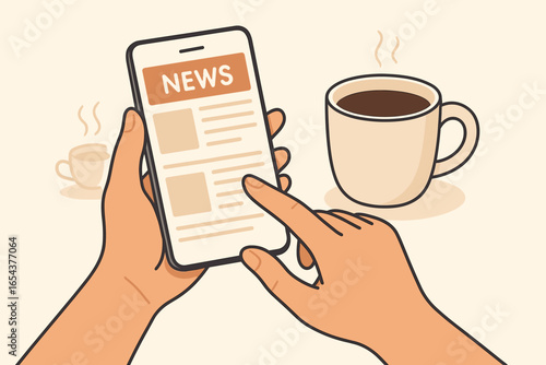 Reading news on phone while drinking coffee. Hands with smartphone scrolling online web media. Morning routine, breaking news concept. Digital press, information. Vector cartoon.