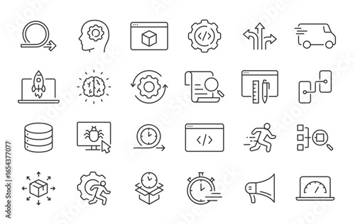 Agile Development web icons in line style. Scrum, requirements, maintenance, testing, software collection. Vector illustration.