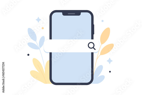 Search bar on mobile phone screen. Smartphone with web browser search field. Internet data and information discovery concept. Flat design vector illustration with copy space.