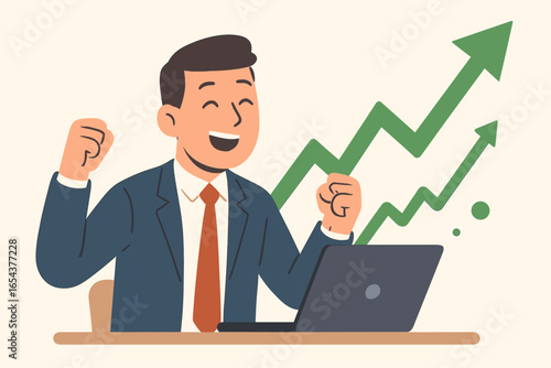 Businessman celebrating success with stock market chart going up. Happy investor at laptop enjoys profit and financial growth. Bull market, investment achievement concept.