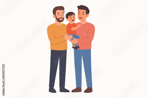 Two male fathers with child in arms standing together, parenting and tolerance concept, loving gay parents family, flat design vector illustration on white background