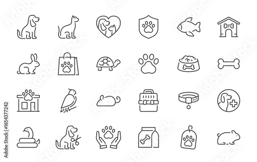 WebPets web icons in line style. Dog, cat, rabbit, hamster, bird, bone, pets, vet help. Vector illustration.