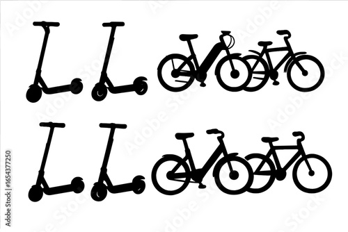 Set of black silhouettes of electric scooters and bicycles. E-scooter, bike, and e-bike icons for urban mobility. Eco-friendly transport concept. Vector illustration.