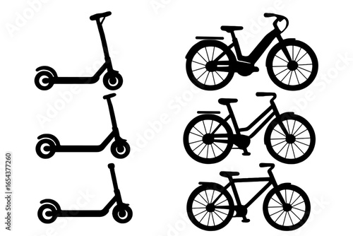 Set of electric scooter and bicycle silhouettes. E-bike and kick scooter icons collection. Urban eco friendly transport concept. Micromobility sharing service vector logo.