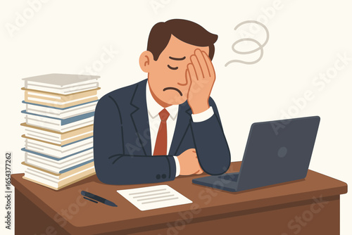 Frustrated businessman feeling bored at office desk. Unhappy man suffering from professional burnout, overwork, and stress. Slow business and bureaucracy concept. Vector.